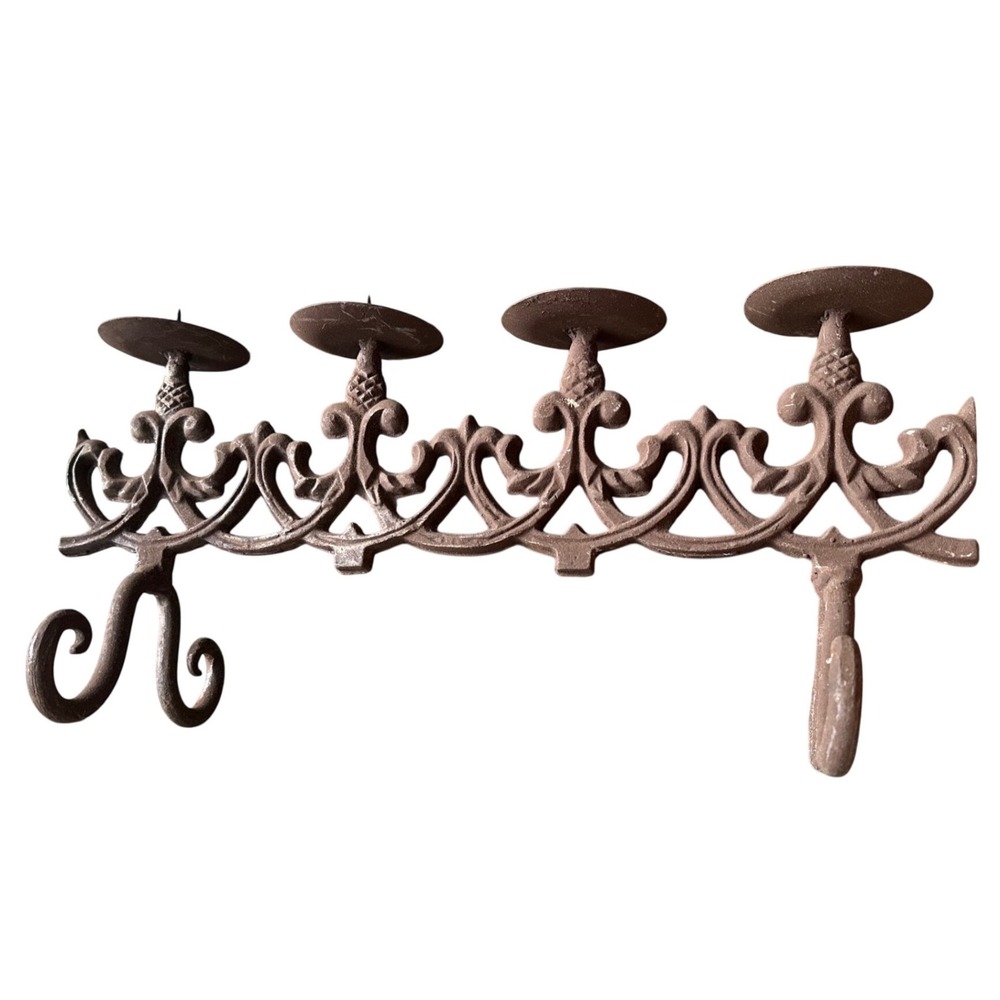 Vintage Cast Iron 4-Light Candelabra Scroll Work Rustic Brown Candle Holder 17in